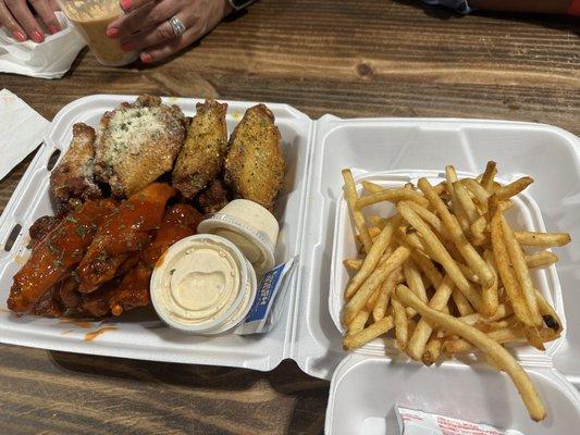 Top left (Garlic Parmesan), top right (Lemon Pepper wet), Bottom (Louisiana).