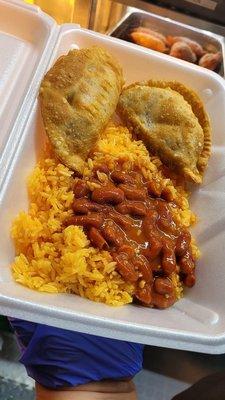 Empanadas, rice and red beans