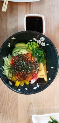 Marinated salmon poke bowl with ponzu