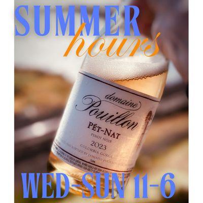 Summer Hours! We are open 11am-6pm with a full lunch menu, wine flights, wines by the glass and bottles for here or to go.