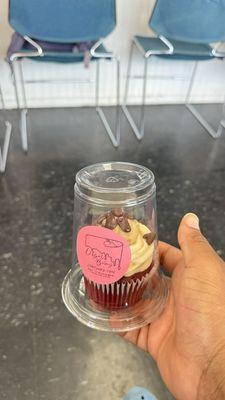 Red velvet and chocolate cookie dough cupcake