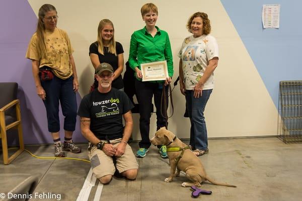 One of our great puppies graduating our puppy basic manners class.  Way to go Kat, Jeff and the beautiful MS Skylar.