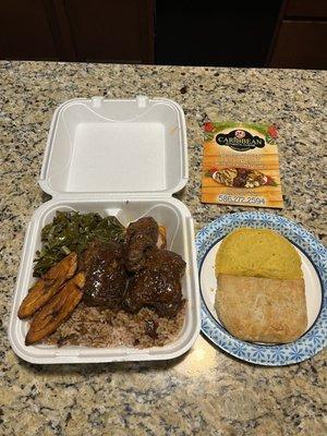 Jerked Jerk Chicken, Collard Greens, Plantain, Peas and Rice, Vegetable Pattie, Jerked Chicken Pattie.