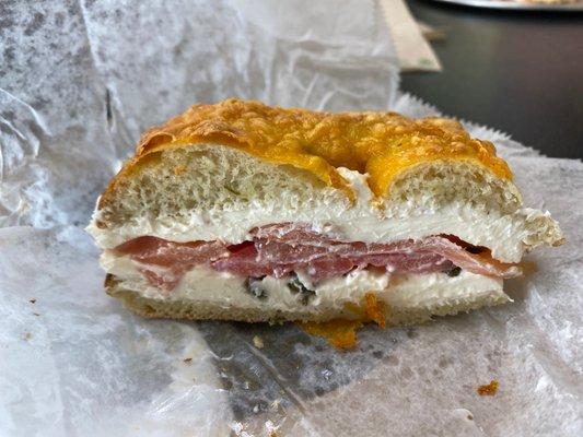 New Yorker with no onion, added cream cheese to both sides on a jalapeño cheddar bagel. Delicious!