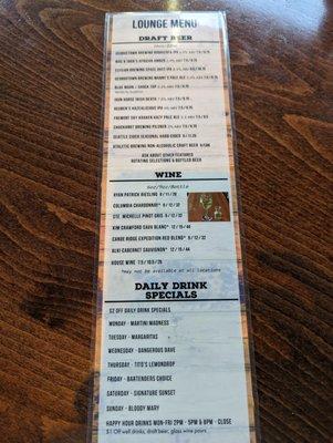 Beer, Wine & Specialty drink menu.