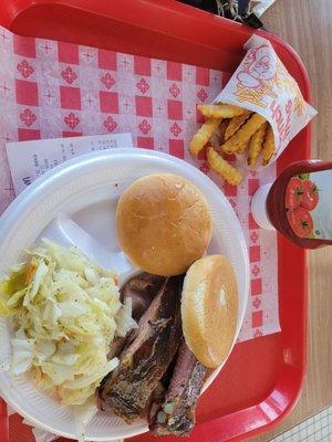 2 meat dinner!  Beef brisket and ribs.  Fries and cole slaw! Very tasty!