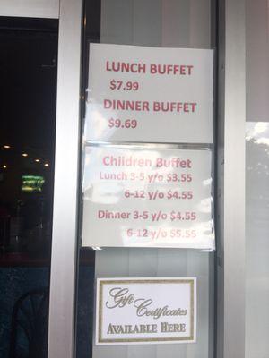 Buffet prices. Lunch hour ends at 3:30 pm