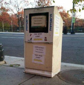 Abandoned news box now hosing the NYT, FT, WSJ and Wash Post.