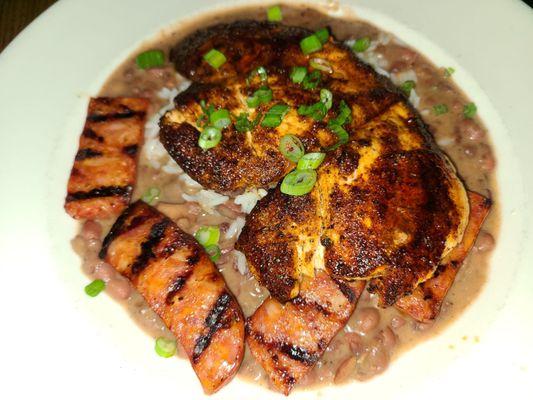 Blackedn chicken and andouille sausage and red beans n rice.  Was spicy and had great flavor