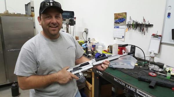 Larry helping us choose the best colors for a custom brushed aluminium AK47. His smile tells me he approves.