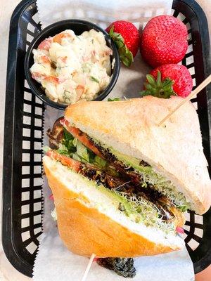 Garden Sammie with red potato slaw and strawberries