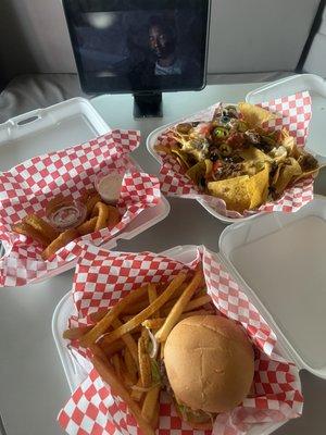 ONION RUNGS, LOADED NACHOS, BACKFIELD BURGER & FRIES.