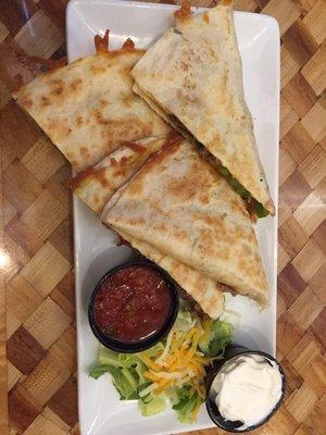 Steak quesadilla: 12" tortilla, cheese, steak, green bell pepper, onions. $9