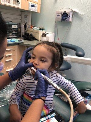 My 2 yr old getting her cleaning she didn't like laying in the chair so the assistant was able to do her cleaning as she sat up.