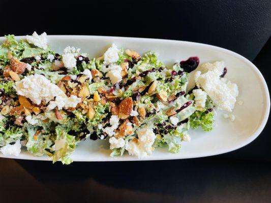 Tuscan Kale Salad, with Goat Cheese, Roasted Almonds, Pancetta, Blueberry, Shallots & Lemon Curd Dressing