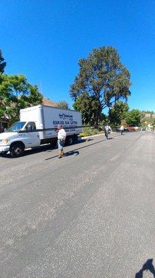 75 feet over the house. Three guys. That's why we have insurance. Customers are worry free...