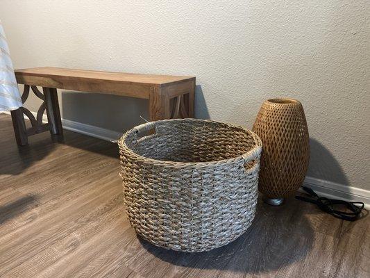 Antique bench, basket, and beautiful IKEA lamp