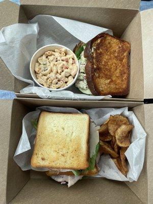 Lunch To-Go  Top: Chicken Salad in rye with macaroni salad  Bottom: Co-Op Club with house (rosemary and vinegar) chips