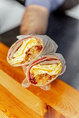 Belly Buster Wrap-
Pork Roll, Bacon, Sausage, Eggs Cheese & Potatoes  On a Wrap