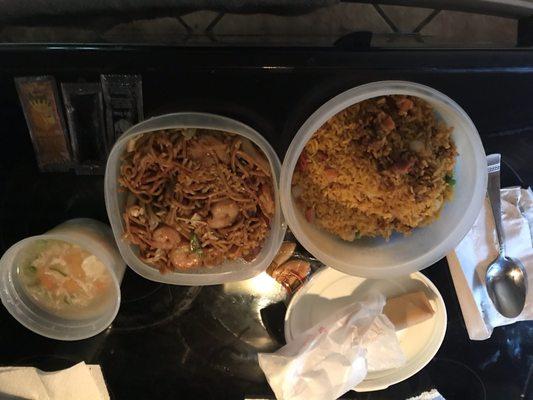 Shrimp pasta, vegetable fried rice, soup, egg roll and fortune cookie on the low low.