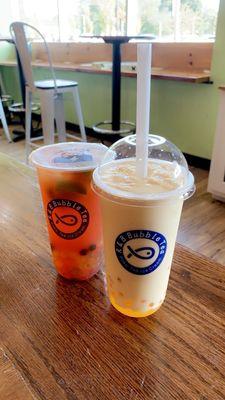 Mango Slush with Mango Boba, Pink Lady with Rainbow Boba