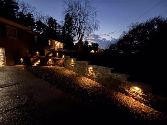 Retaining walls, steps and low voltage lighting