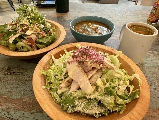 Caesar salad: chopped romaine & the best dressing! Chicken club salad, poblano tomatillo chicken chili, veggie soup. *Chef's kiss*