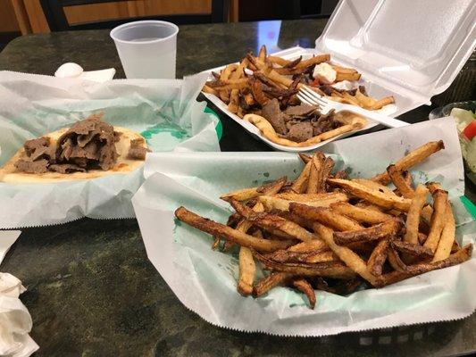 Lamb gyro plate with side of Greek salad, Tzatziki sauce and an extra order of fries (skin) fried to a perfect crisp