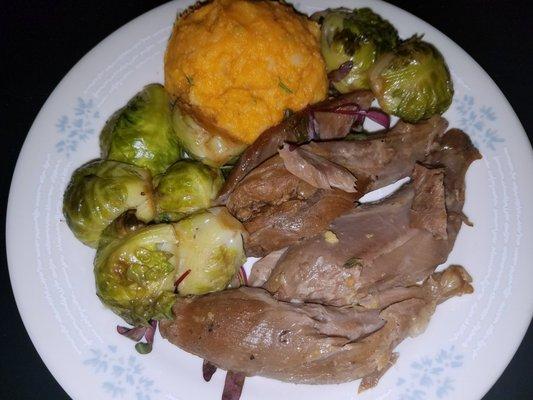 Rosemary and Garlic Roasted Lamb Leg, Balsamic Brussel Sprouts, and Mashed Sweet Potato