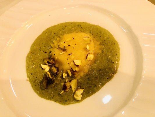 Ravioli stuffed with ricotta and mortadella with pistachio pesto