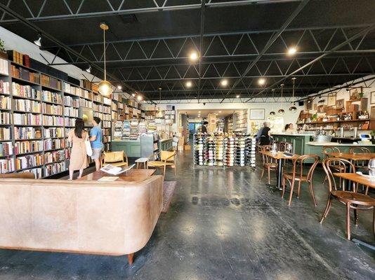 Inside with books and dining area