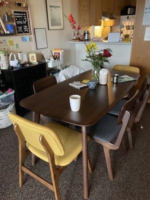 Solid wood table and six chairs.