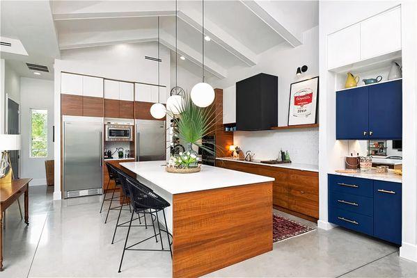 Walnut Veneer, White and Marine Blue, Ikea Kitchen