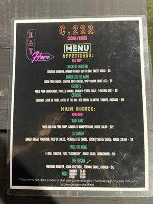 Front of menu