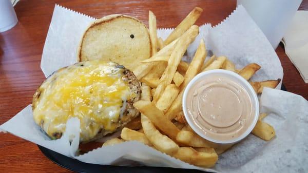 Turkey burger with fries and fry sauce