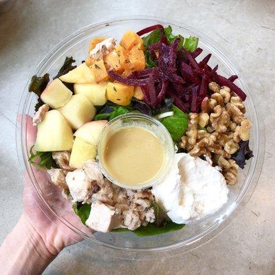 Seasonal Harvest Salad: Chargrilled Chicken (Antibiotic-Free), Apple, Ricotta, Mesclun, Squash, Beets, Walnuts, Maple Dijon Dressing