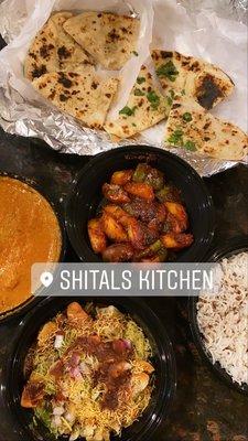 Butter chicken , samosa chaat, chili paneer , Rice