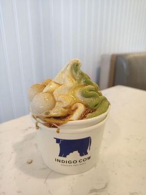 Hokkaido milk & matcha swirl with MBR (mochi, brown sugar syrup, roasted soybean powder)