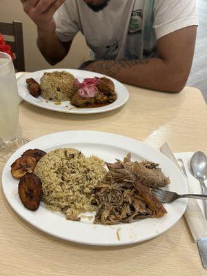 baked chicken, rice and peas, fried plantain  baked pork, rice and peas, fried plantains