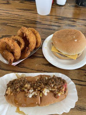 Onion rings, cheeseburger, and hot dog