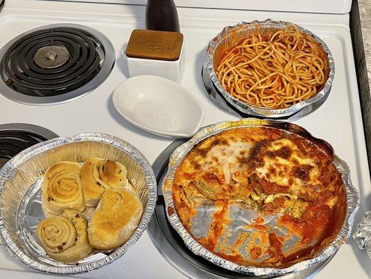 Garlic knots, Eggplant Parm and pasta... plenty leftover too!