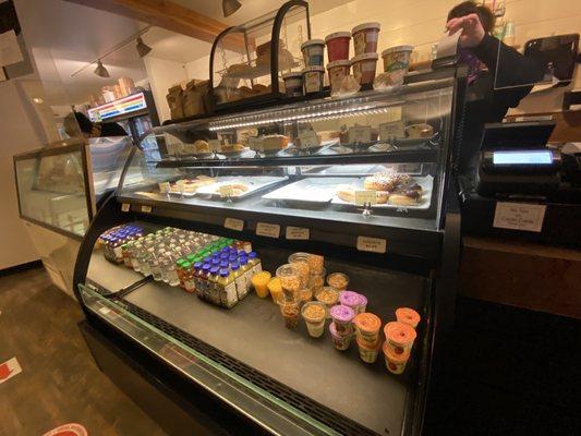 Fresh OJ, bottled juice, and some good looking basic pastries and donuts.