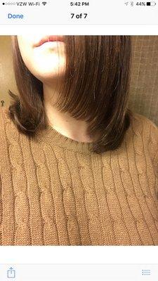 Asked for a ONE LENGTH cut .this is what I got . Mind you my "bangs" used to be longer than my hair !! Hmmmmmmmmmm ?