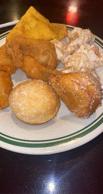 Crab Rangoon, coconut shrimp, fried shrimp, fried catfish, donut holes