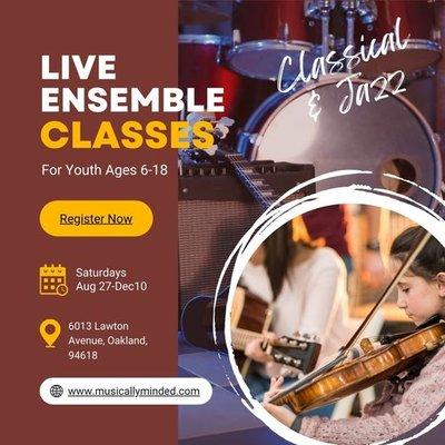 Join us on Demo Day, August 27th. Choose from one of four classes between 9am-1pm. 9am-11am is Chamber Music, and 11am-1pm is Jazz.