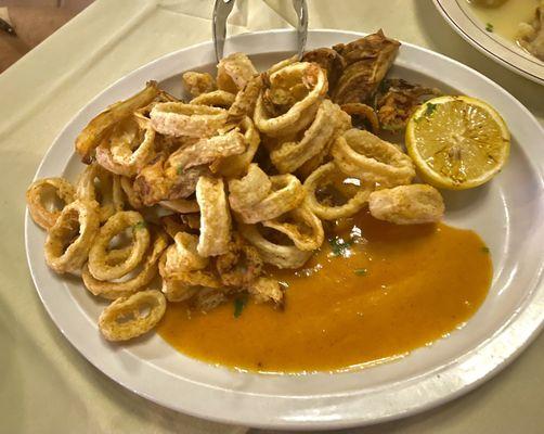 Fried Calamari... Sriracha, honey, maple, lime, aïoli, crispy, fennel, hot, sweet, cherry peppers!