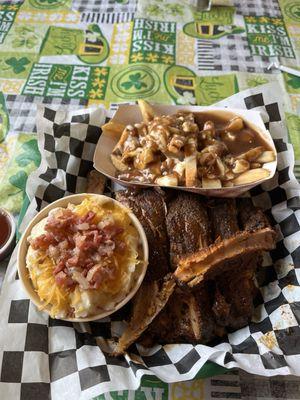 Rib, poutine and loaded mashed potatoes