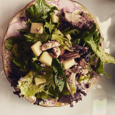 Harmony salad. Cranberry goat cheese, apples, mixed greens and pecans.