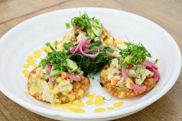 Ceviche Tostadas -
Citrus Cured Local Fish, Crispy Gyoza Skins, Cucumber, Pickled Red Onions, Chilis, Aji Amarillo, Avocado and Cilantro.