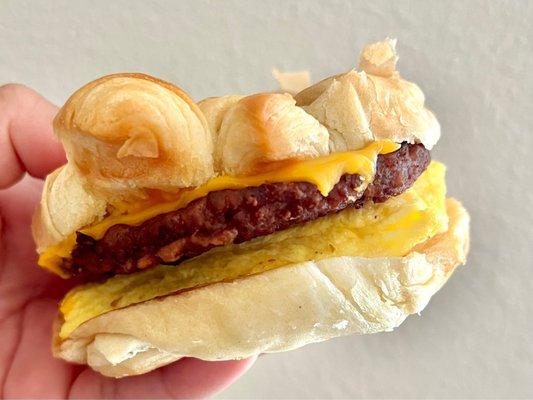 Sausage, Egg, & Cheese Croissan'Wich. The croissant is soft and airy. I especially like the sausage patty which is  noticeably spicy.